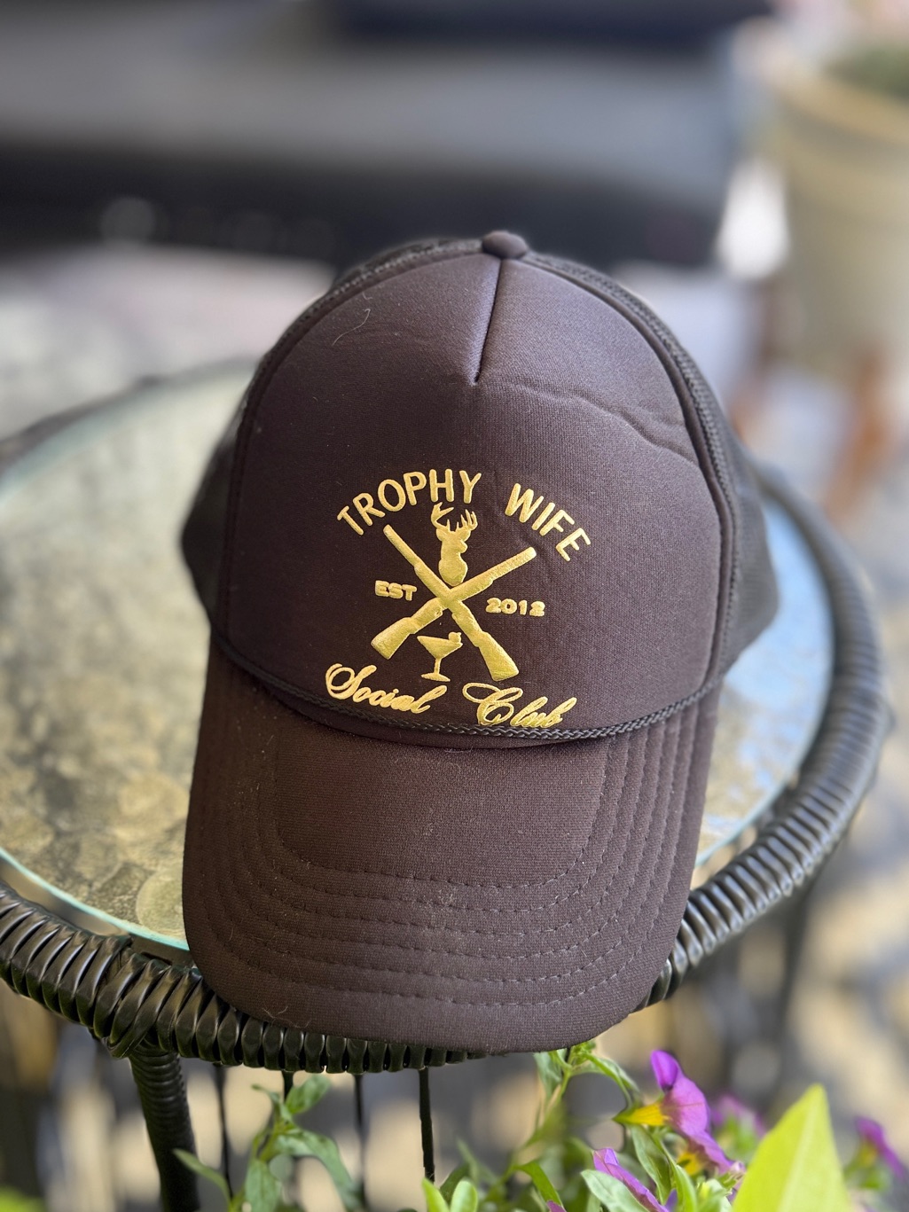 Trophy Wife Social Club Trucker Hat Brown Gold Embroidered Snapback